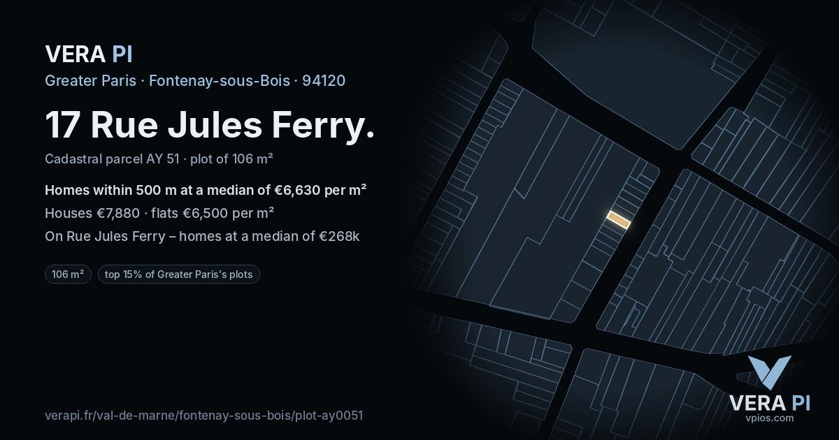 17 Rue Jules Ferry, Fontenay-sous-Bois at night – the plot lit, the parcels around coloured by the prices near them