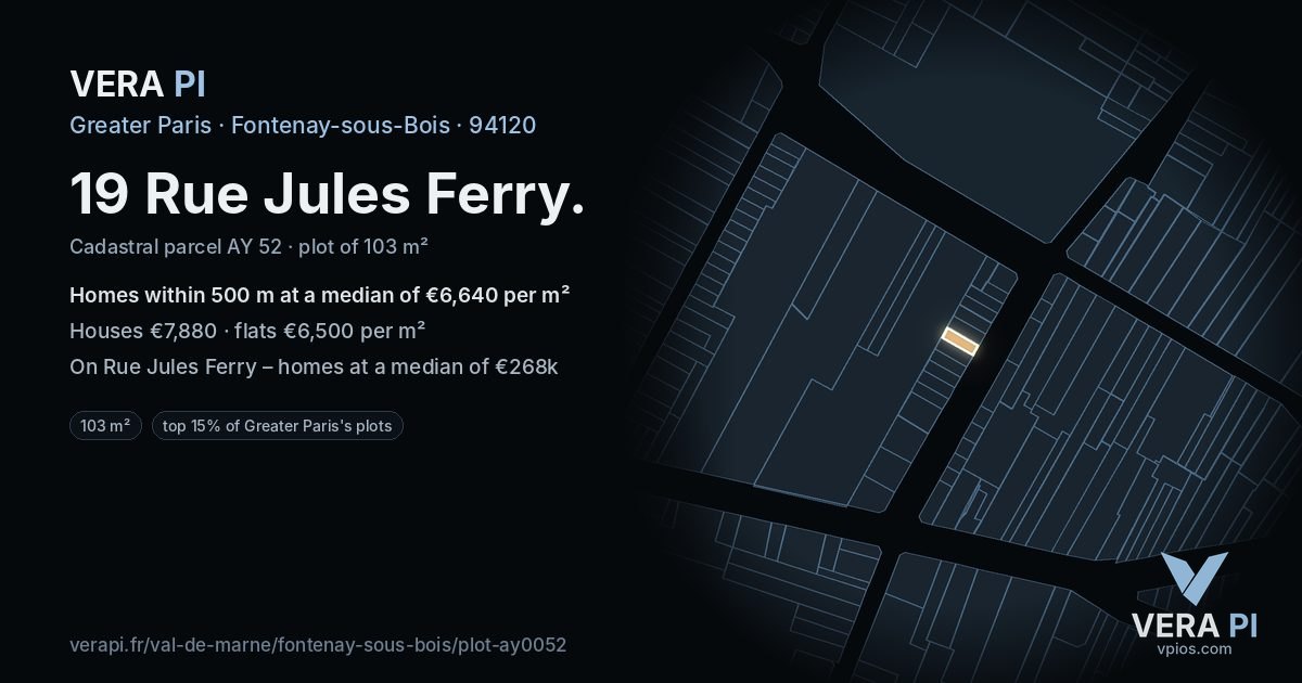 19 Rue Jules Ferry, Fontenay-sous-Bois at night – the plot lit, the parcels around coloured by the prices near them