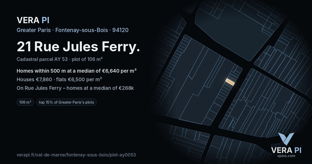 21 Rue Jules Ferry, Fontenay-sous-Bois at night – the plot lit, the parcels around coloured by the prices near them