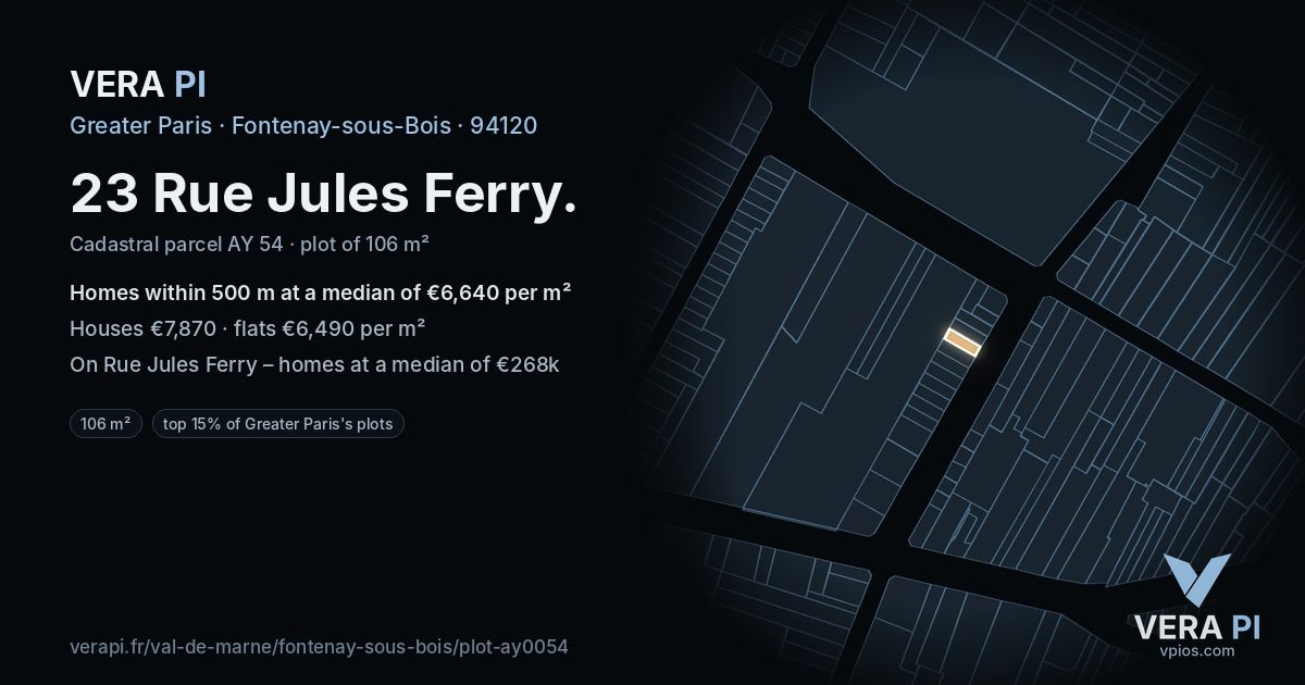 23 Rue Jules Ferry, Fontenay-sous-Bois at night – the plot lit, the parcels around coloured by the prices near them