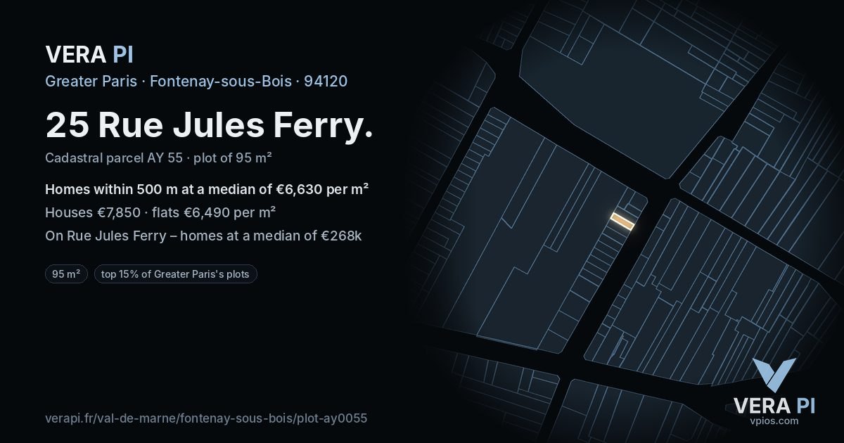 25 Rue Jules Ferry, Fontenay-sous-Bois at night – the plot lit, the parcels around coloured by the prices near them