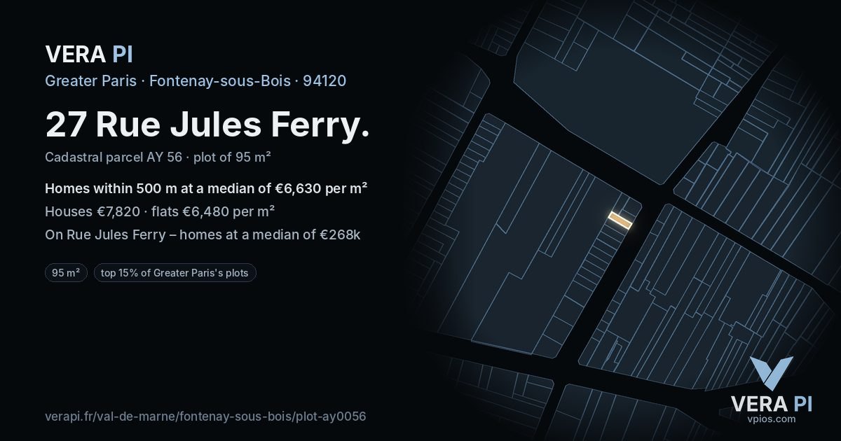 27 Rue Jules Ferry, Fontenay-sous-Bois at night – the plot lit, the parcels around coloured by the prices near them