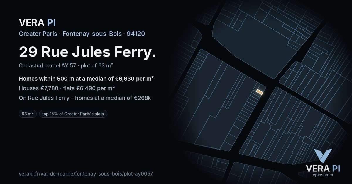29 Rue Jules Ferry, Fontenay-sous-Bois at night – the plot lit, the parcels around coloured by the prices near them