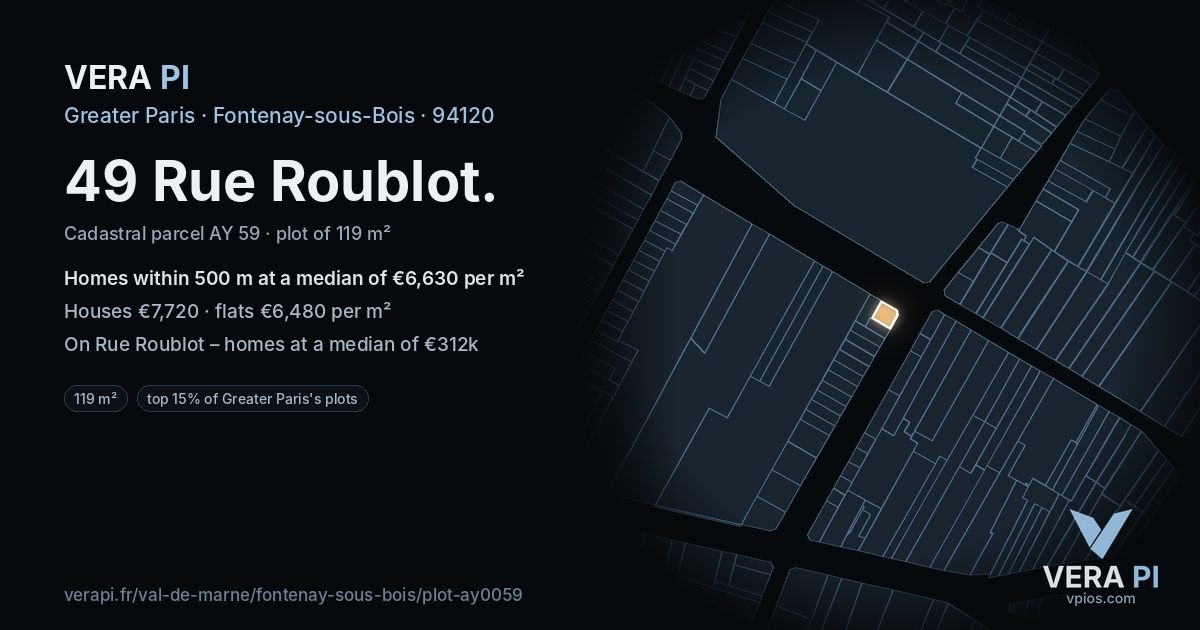 49 Rue Roublot, Fontenay-sous-Bois at night – the plot lit, the parcels around coloured by the prices near them
