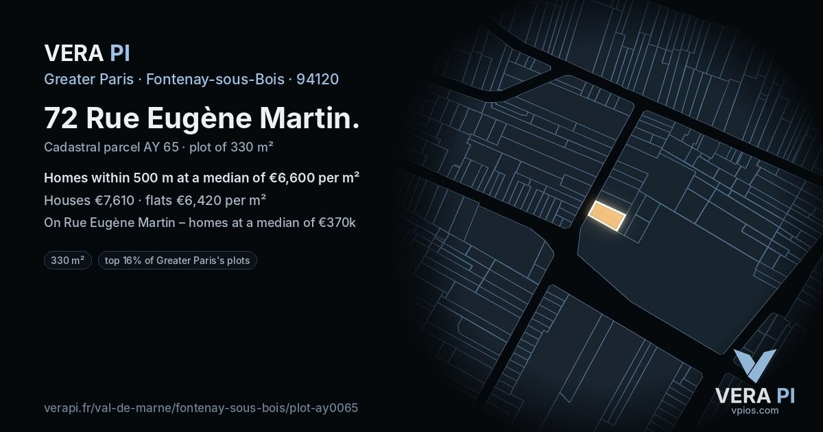 72 Rue Eugène Martin, Fontenay-sous-Bois at night – the plot lit, the parcels around coloured by the prices near them