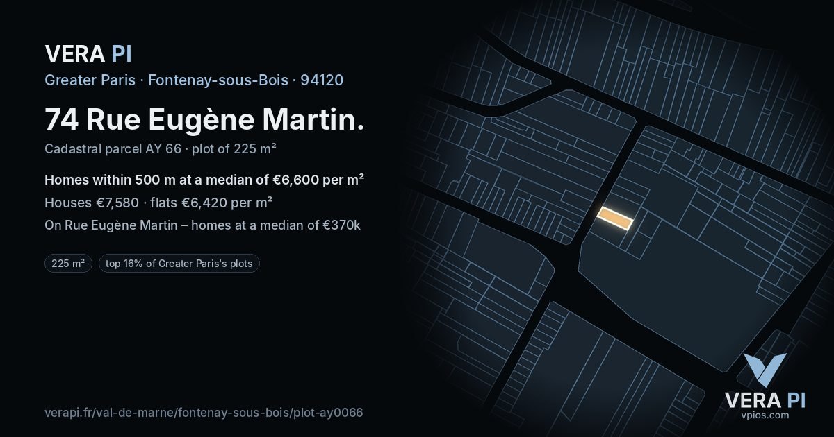 74 Rue Eugène Martin, Fontenay-sous-Bois at night – the plot lit, the parcels around coloured by the prices near them