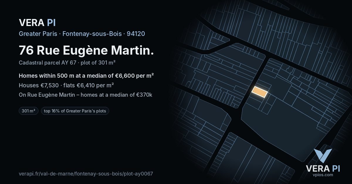 76 Rue Eugène Martin, Fontenay-sous-Bois at night – the plot lit, the parcels around coloured by the prices near them