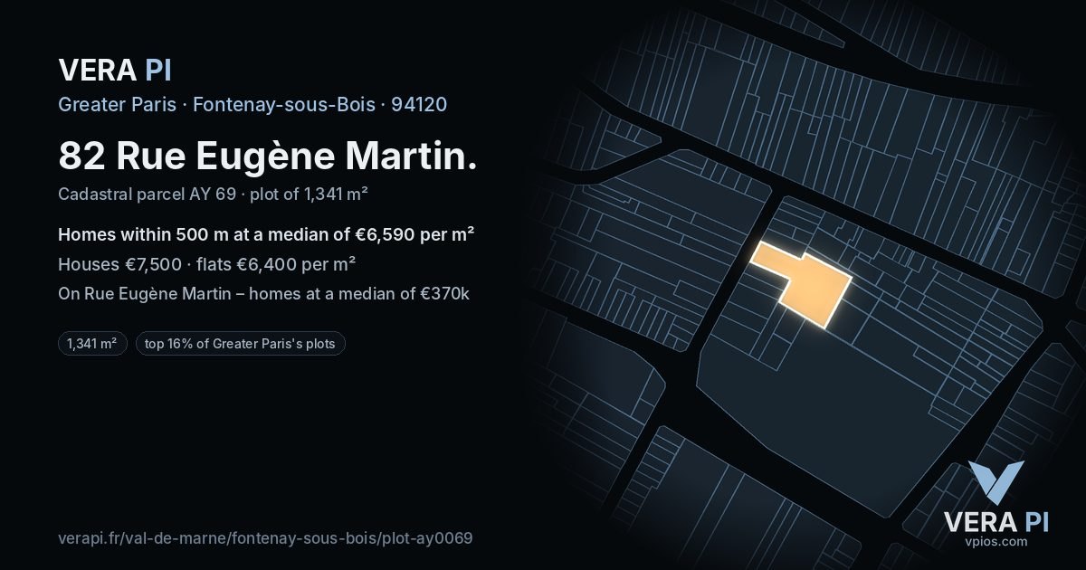 82 Rue Eugène Martin, Fontenay-sous-Bois at night – the plot lit, the parcels around coloured by the prices near them
