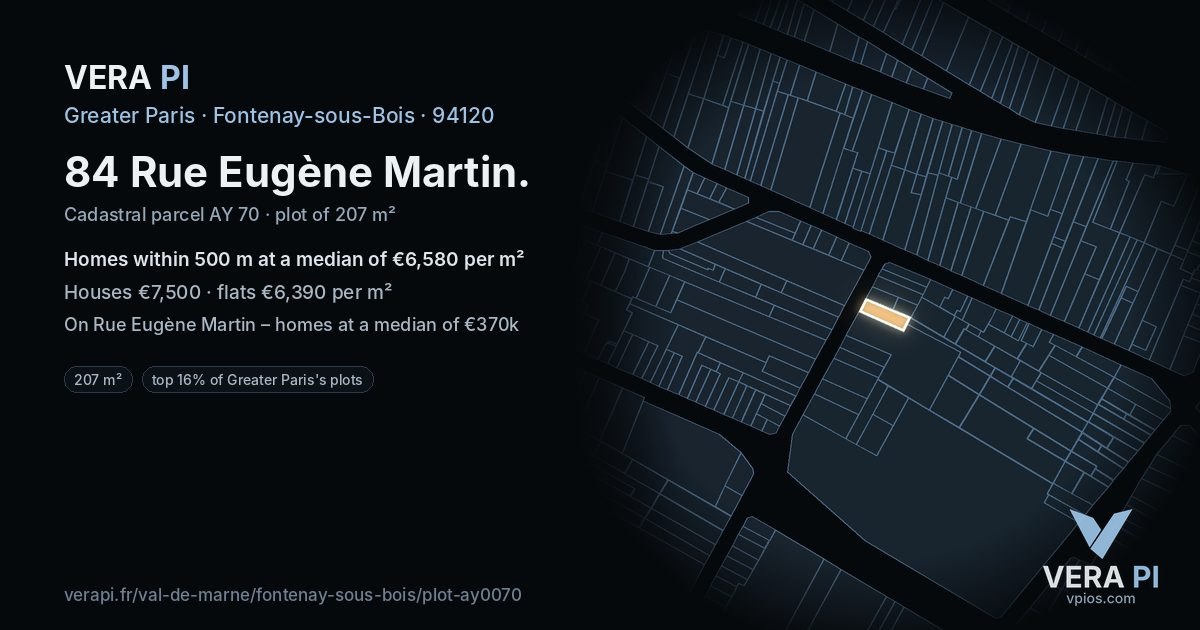84 Rue Eugène Martin, Fontenay-sous-Bois at night – the plot lit, the parcels around coloured by the prices near them