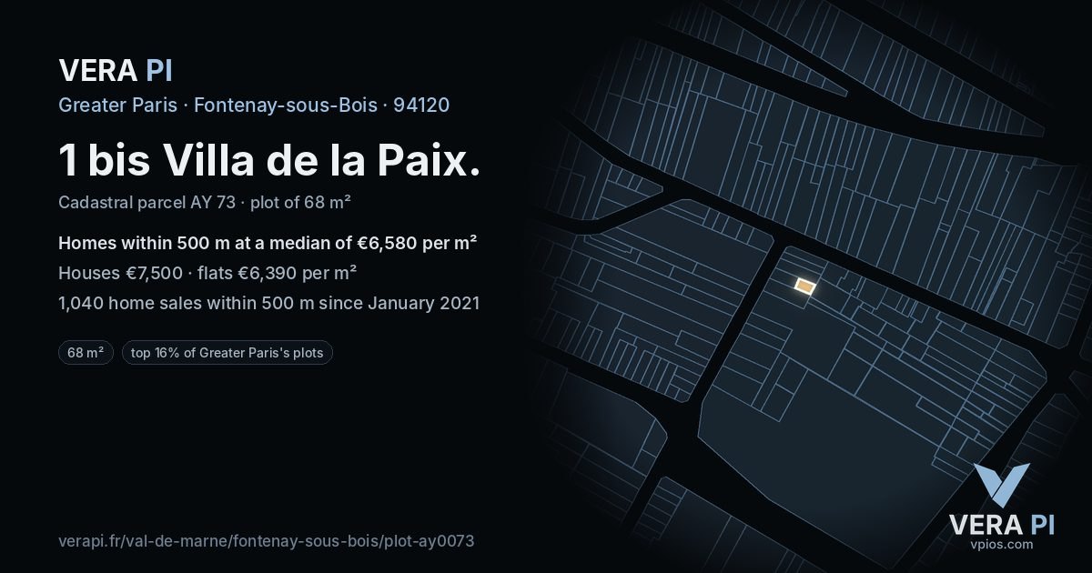 1 bis Villa de la Paix, Fontenay-sous-Bois at night – the plot lit, the parcels around coloured by the prices near them