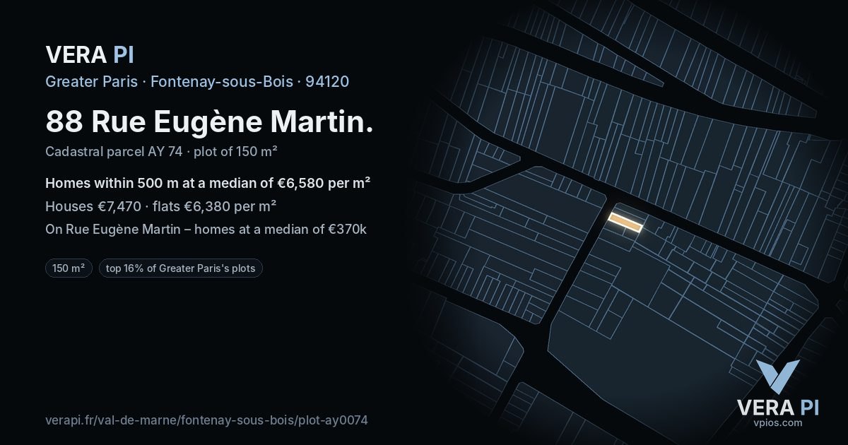88 Rue Eugène Martin, Fontenay-sous-Bois at night – the plot lit, the parcels around coloured by the prices near them