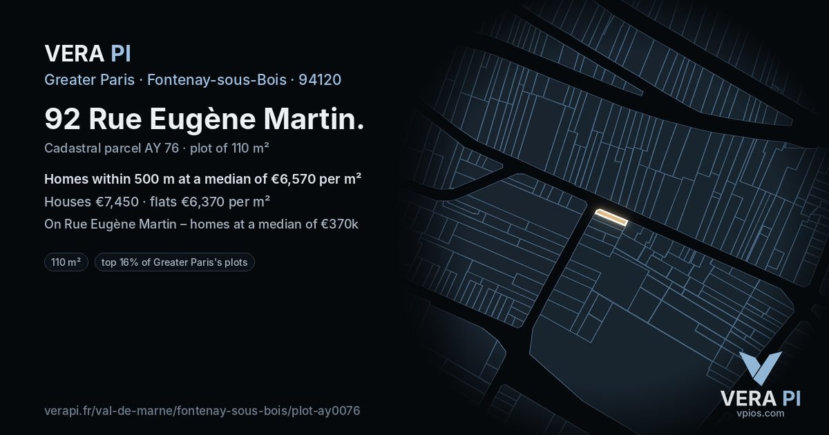 92 Rue Eugène Martin, Fontenay-sous-Bois at night – the plot lit, the parcels around coloured by the prices near them