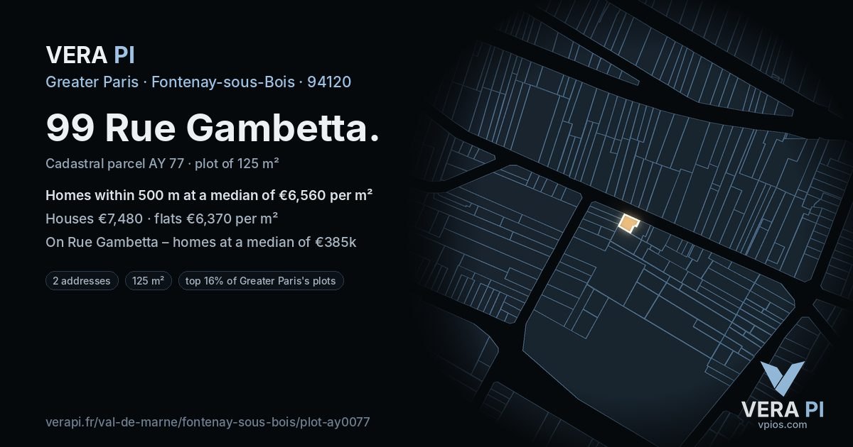 99 Rue Gambetta, Fontenay-sous-Bois at night – the plot lit, the parcels around coloured by the prices near them