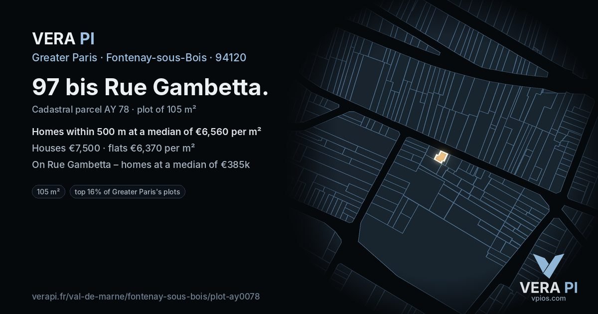 97 bis Rue Gambetta, Fontenay-sous-Bois at night – the plot lit, the parcels around coloured by the prices near them