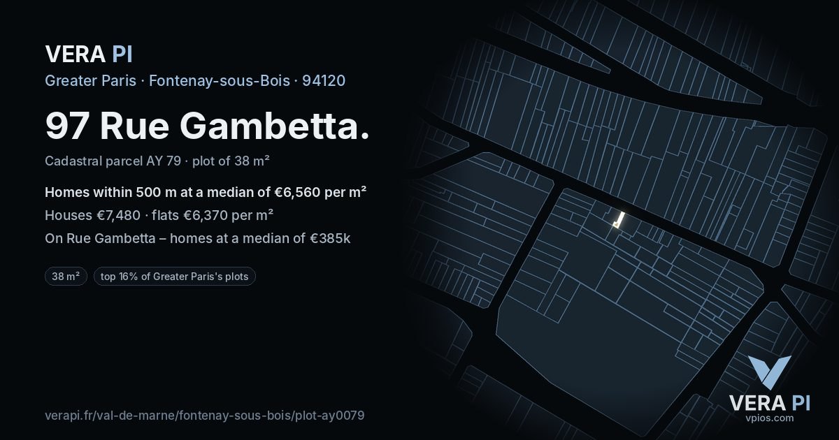 97 Rue Gambetta, Fontenay-sous-Bois at night – the plot lit, the parcels around coloured by the prices near them