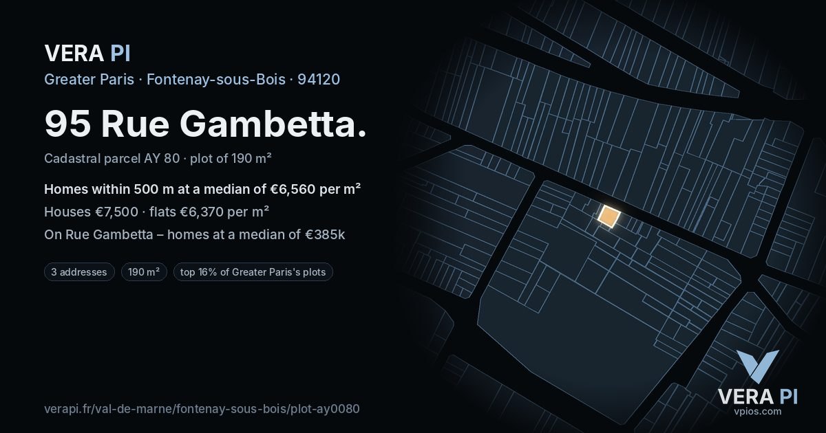 95 Rue Gambetta, Fontenay-sous-Bois at night – the plot lit, the parcels around coloured by the prices near them