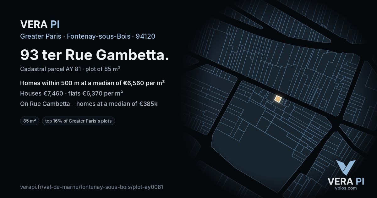 93 ter Rue Gambetta, Fontenay-sous-Bois at night – the plot lit, the parcels around coloured by the prices near them