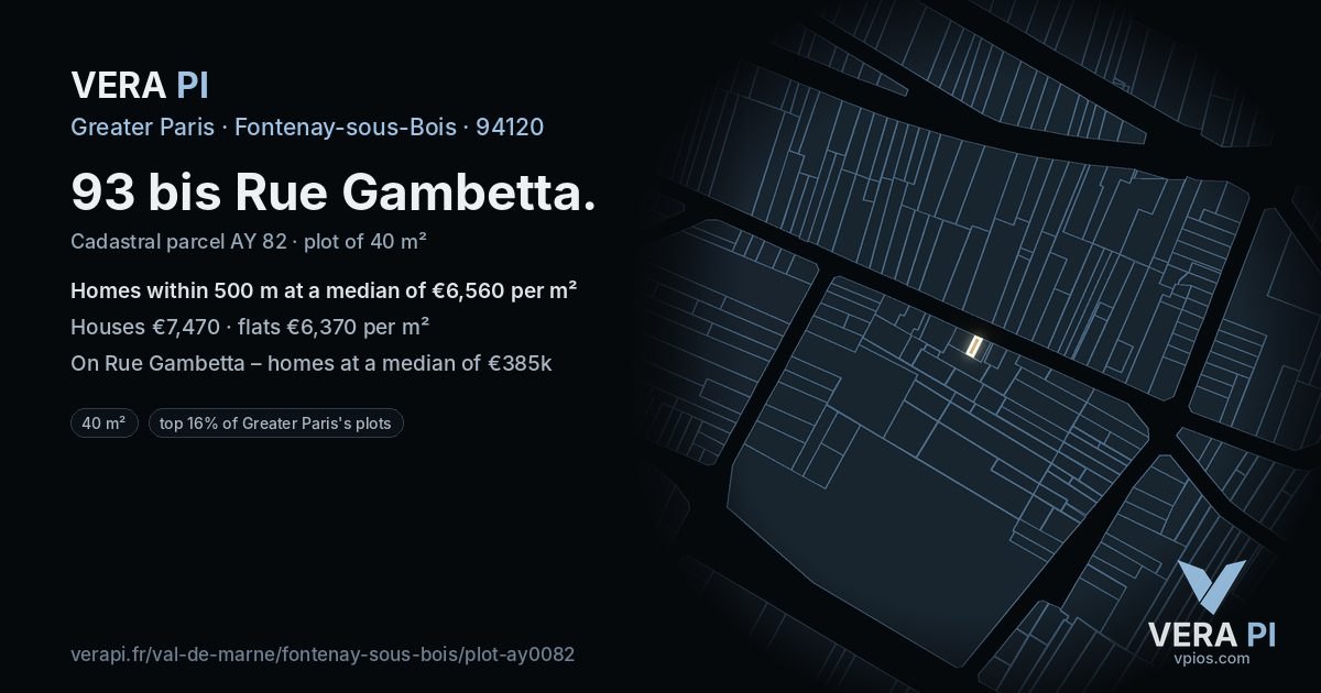 93 bis Rue Gambetta, Fontenay-sous-Bois at night – the plot lit, the parcels around coloured by the prices near them
