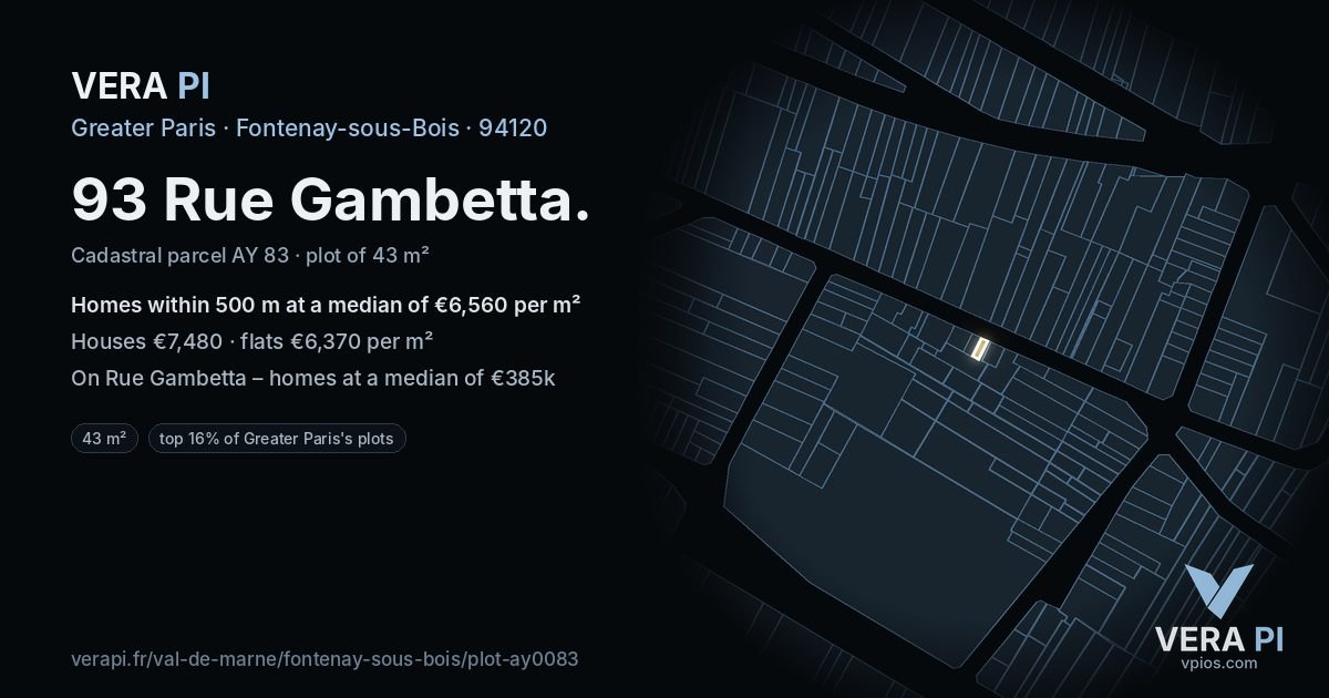 93 Rue Gambetta, Fontenay-sous-Bois at night – the plot lit, the parcels around coloured by the prices near them