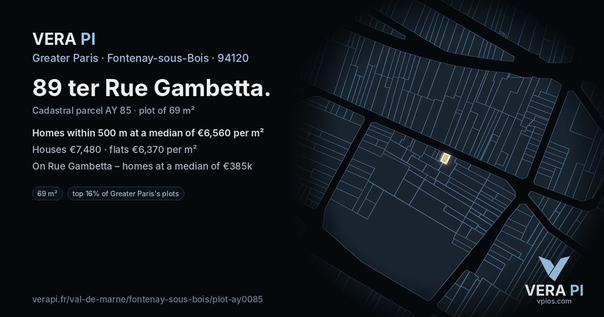89 ter Rue Gambetta, Fontenay-sous-Bois at night – the plot lit, the parcels around coloured by the prices near them