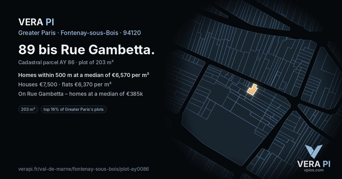 89 bis Rue Gambetta, Fontenay-sous-Bois at night – the plot lit, the parcels around coloured by the prices near them