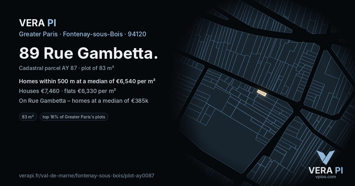 89 Rue Gambetta, Fontenay-sous-Bois at night – the plot lit, the parcels around coloured by the prices near them