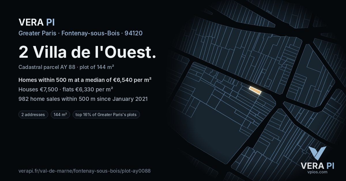 2 Villa de l'Ouest, Fontenay-sous-Bois at night – the plot lit, the parcels around coloured by the prices near them