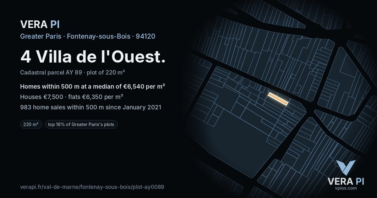 4 Villa de l'Ouest, Fontenay-sous-Bois at night – the plot lit, the parcels around coloured by the prices near them