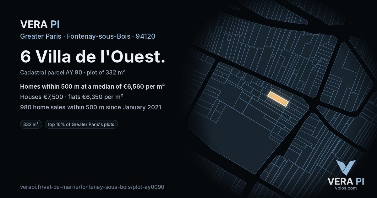 6 Villa de l'Ouest, Fontenay-sous-Bois at night – the plot lit, the parcels around coloured by the prices near them