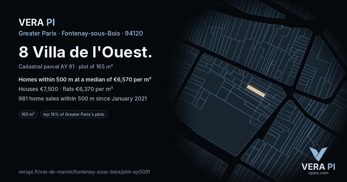 8 Villa de l'Ouest, Fontenay-sous-Bois at night – the plot lit, the parcels around coloured by the prices near them
