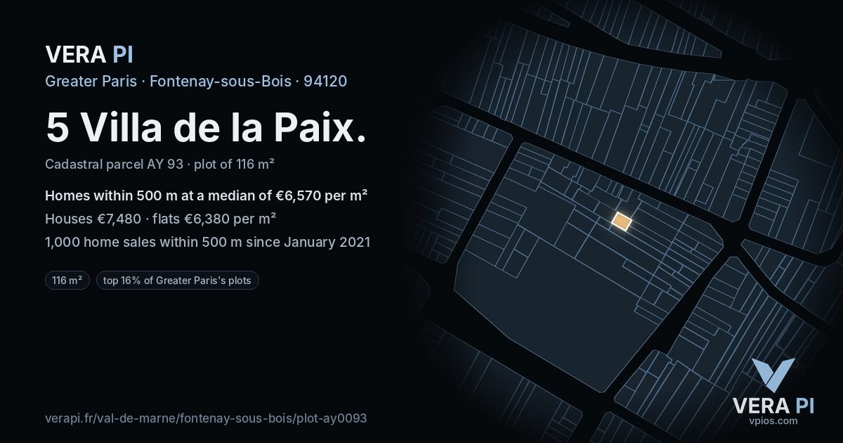 5 Villa de la Paix, Fontenay-sous-Bois at night – the plot lit, the parcels around coloured by the prices near them