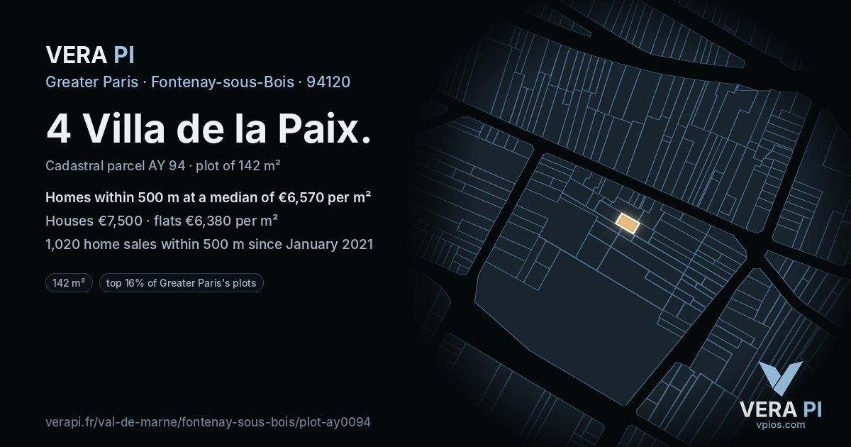 4 Villa de la Paix, Fontenay-sous-Bois at night – the plot lit, the parcels around coloured by the prices near them