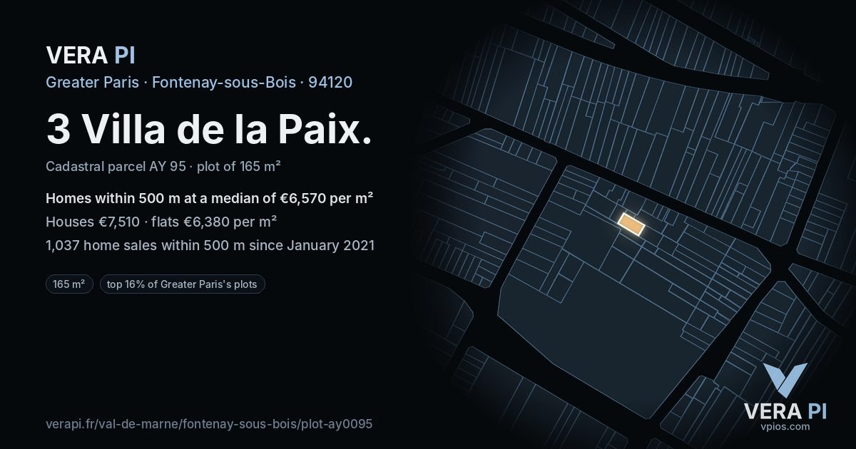 3 Villa de la Paix, Fontenay-sous-Bois at night – the plot lit, the parcels around coloured by the prices near them