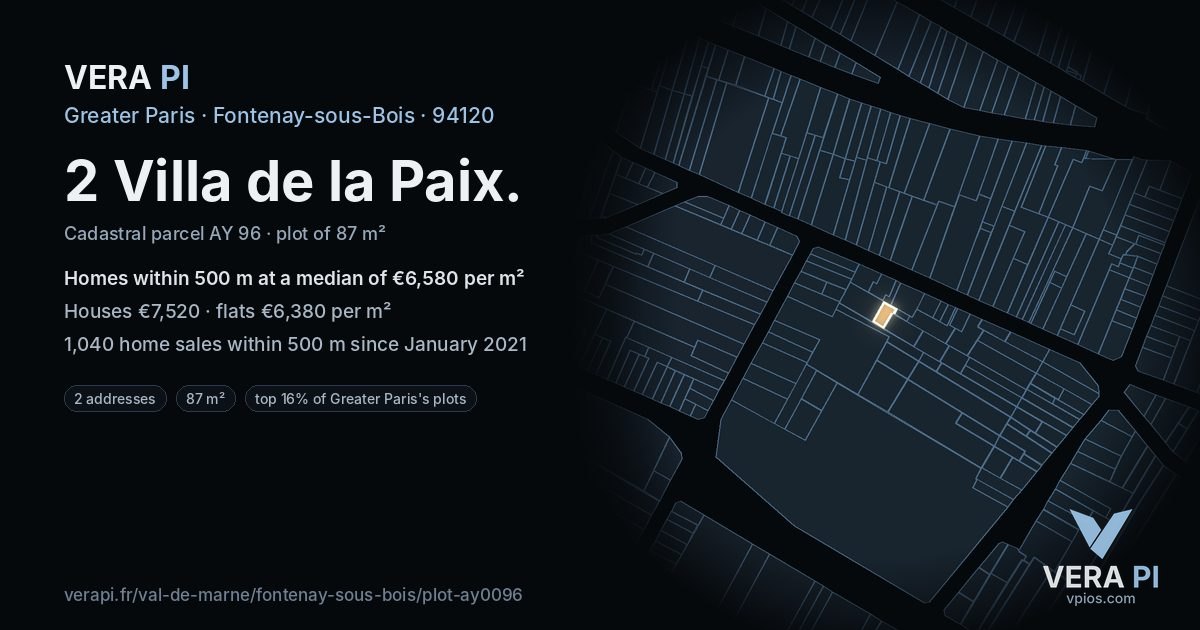 2 Villa de la Paix, Fontenay-sous-Bois at night – the plot lit, the parcels around coloured by the prices near them