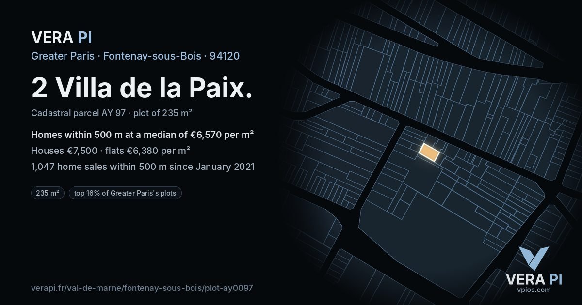 2 Villa de la Paix, Fontenay-sous-Bois at night – the plot lit, the parcels around coloured by the prices near them