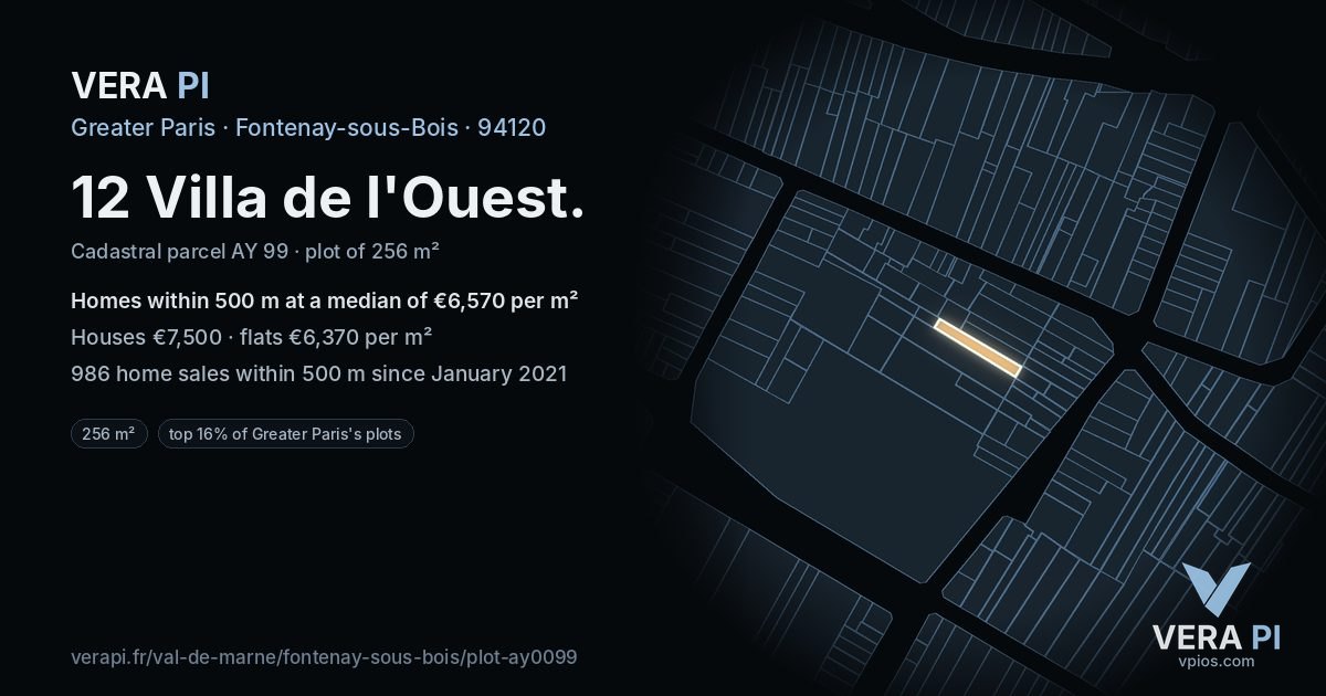 12 Villa de l'Ouest, Fontenay-sous-Bois at night – the plot lit, the parcels around coloured by the prices near them