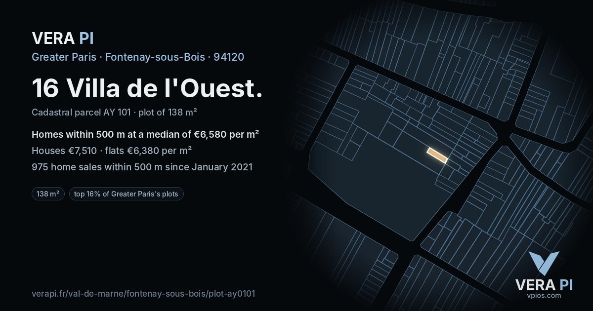 16 Villa de l'Ouest, Fontenay-sous-Bois at night – the plot lit, the parcels around coloured by the prices near them