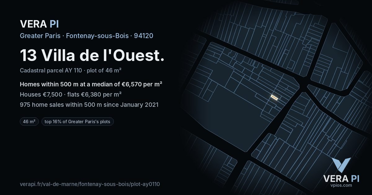 13 Villa de l'Ouest, Fontenay-sous-Bois at night – the plot lit, the parcels around coloured by the prices near them