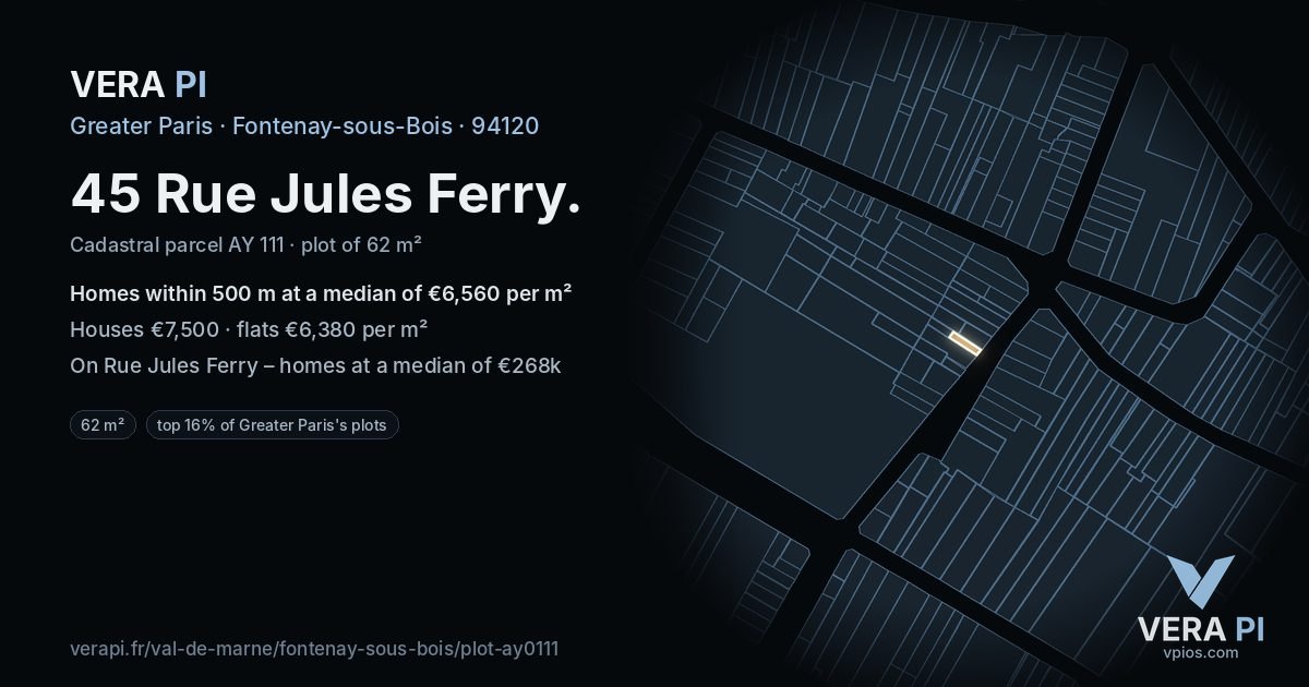 45 Rue Jules Ferry, Fontenay-sous-Bois at night – the plot lit, the parcels around coloured by the prices near them