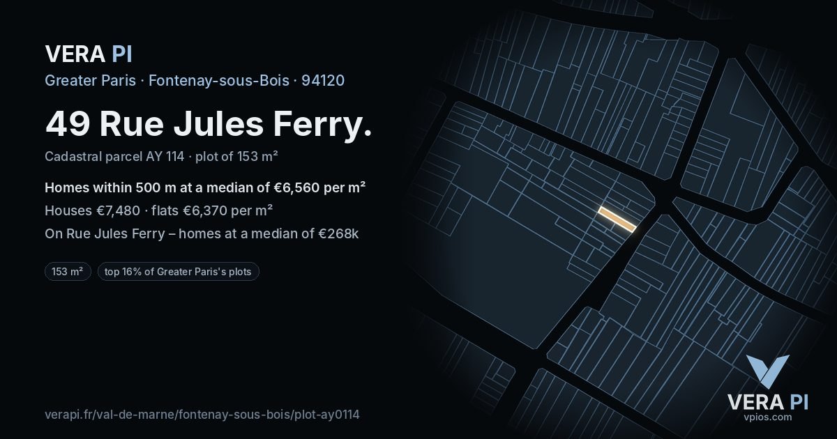 49 Rue Jules Ferry, Fontenay-sous-Bois at night – the plot lit, the parcels around coloured by the prices near them