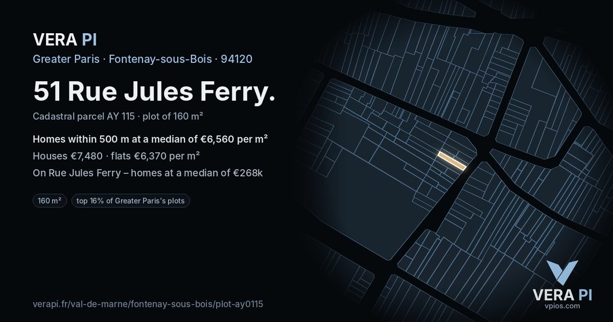 51 Rue Jules Ferry, Fontenay-sous-Bois at night – the plot lit, the parcels around coloured by the prices near them
