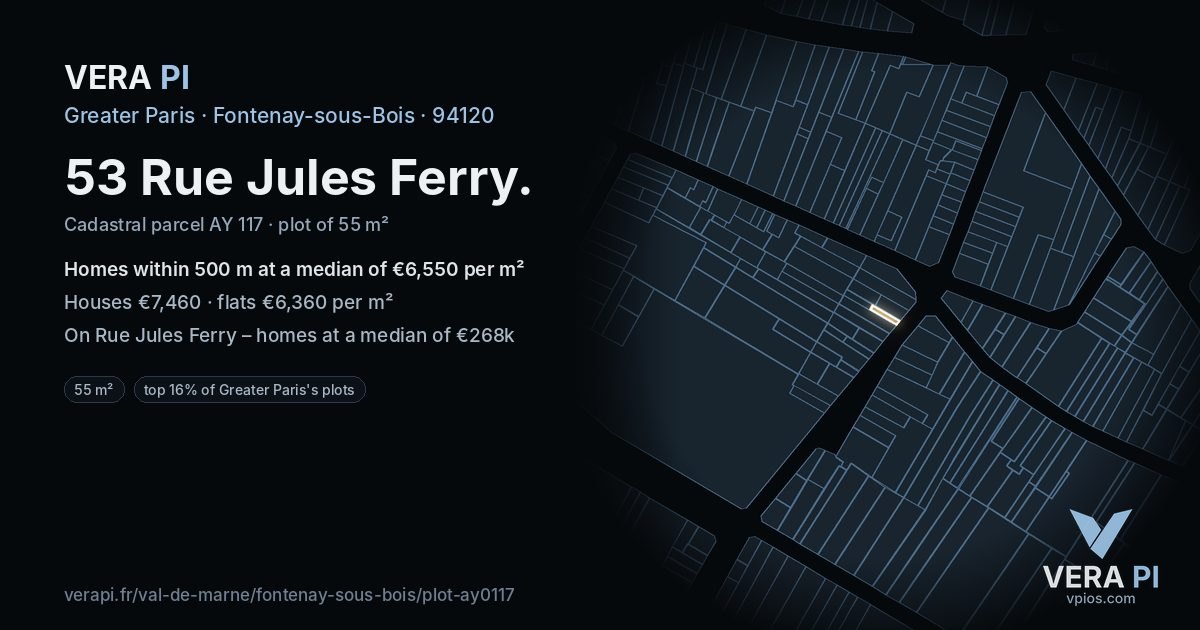 53 Rue Jules Ferry, Fontenay-sous-Bois at night – the plot lit, the parcels around coloured by the prices near them