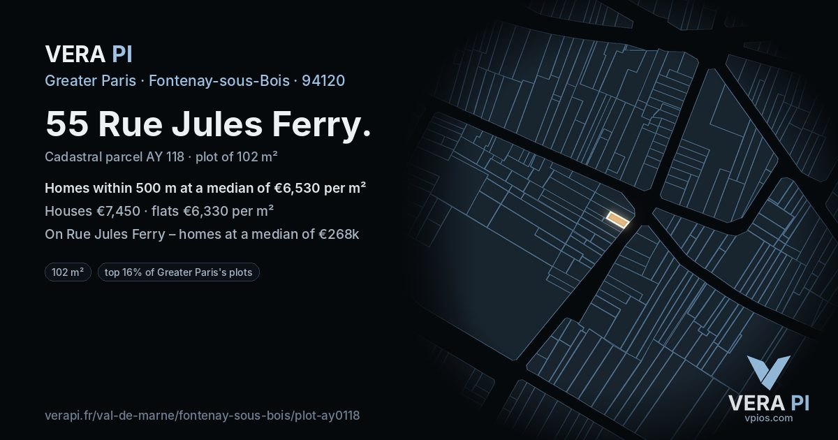 55 Rue Jules Ferry, Fontenay-sous-Bois at night – the plot lit, the parcels around coloured by the prices near them