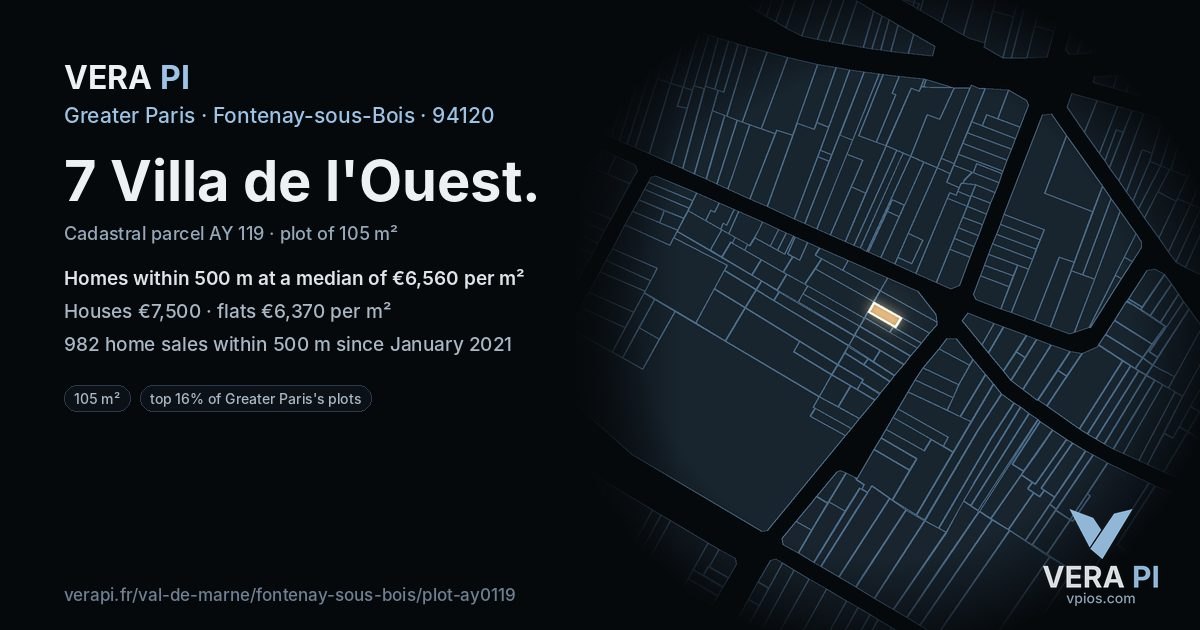 7 Villa de l'Ouest, Fontenay-sous-Bois at night – the plot lit, the parcels around coloured by the prices near them