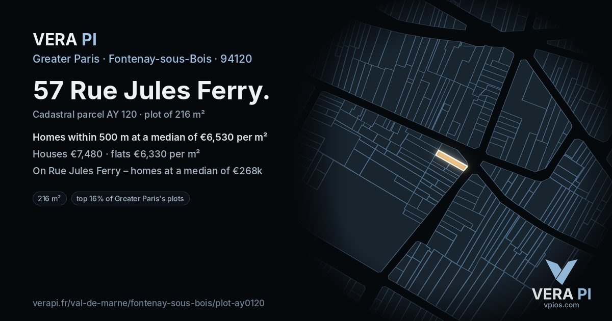 57 Rue Jules Ferry, Fontenay-sous-Bois at night – the plot lit, the parcels around coloured by the prices near them