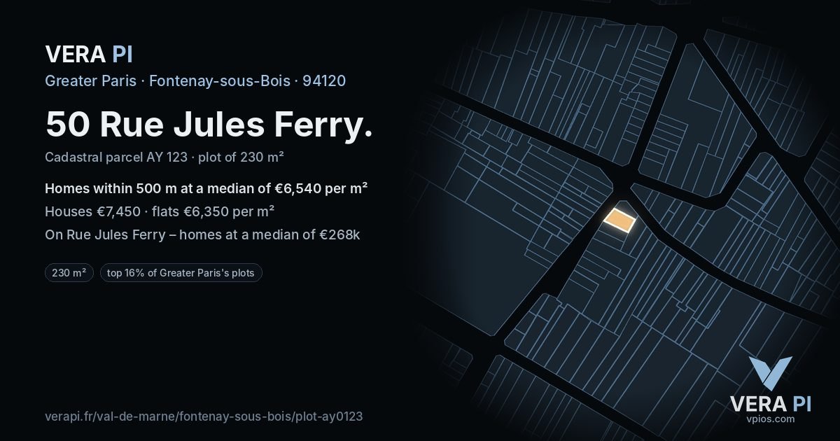 50 Rue Jules Ferry, Fontenay-sous-Bois at night – the plot lit, the parcels around coloured by the prices near them