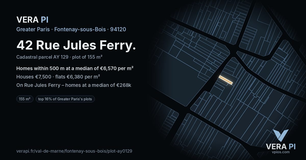42 Rue Jules Ferry, Fontenay-sous-Bois at night – the plot lit, the parcels around coloured by the prices near them