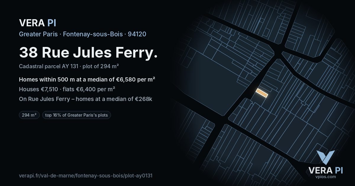 38 Rue Jules Ferry, Fontenay-sous-Bois at night – the plot lit, the parcels around coloured by the prices near them