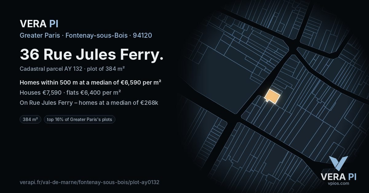 36 Rue Jules Ferry, Fontenay-sous-Bois at night – the plot lit, the parcels around coloured by the prices near them