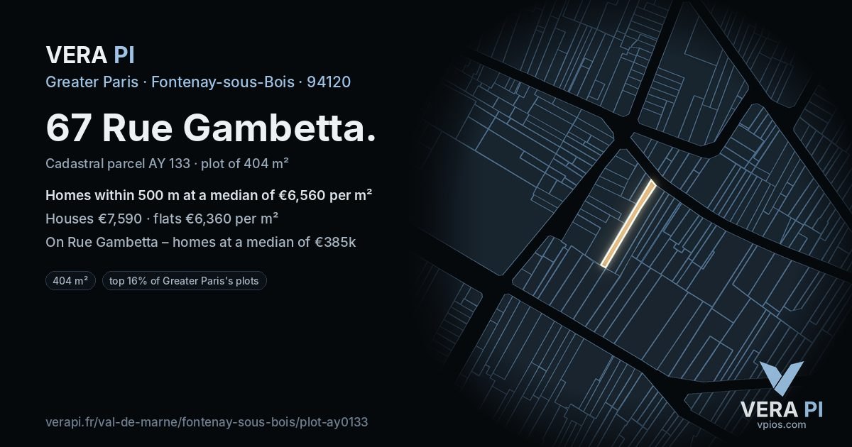 67 Rue Gambetta, Fontenay-sous-Bois at night – the plot lit, the parcels around coloured by the prices near them